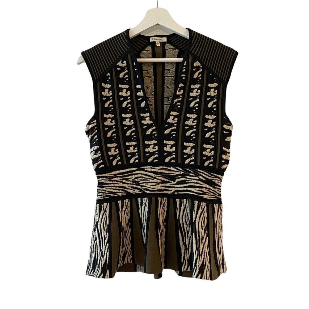 Ronny Kobo Womens Peplum Sleeveless Shirt Sweater Top Green Black Size Large